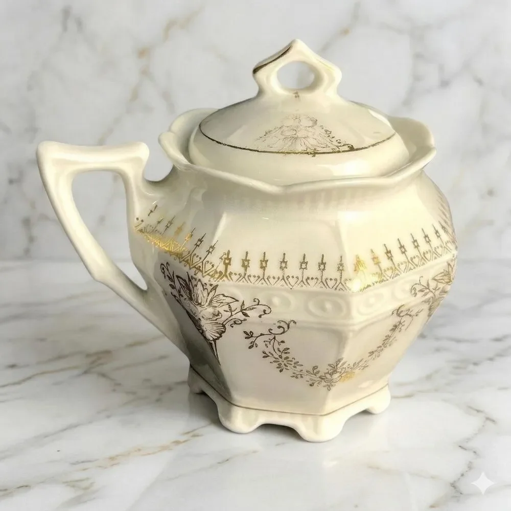 Antique Bavarian Porcelain Lidded Sugar Bowl Floral Gold Gilt German China